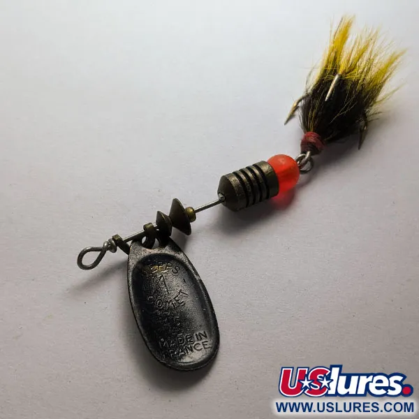 Vintage   Mepps Black Fury 1 Dressed (squirrel tail), 1/8oz black/yellow spinning lure #19406