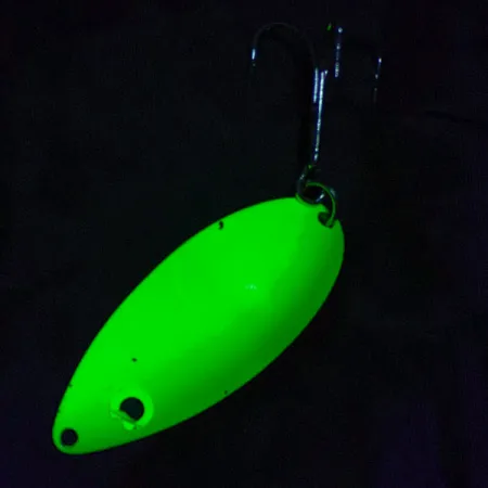 Vintage Seneca Little Cleo (Hula Girl) UV, 3/4oz yellow/green/nickel UV fishing spoon #19555