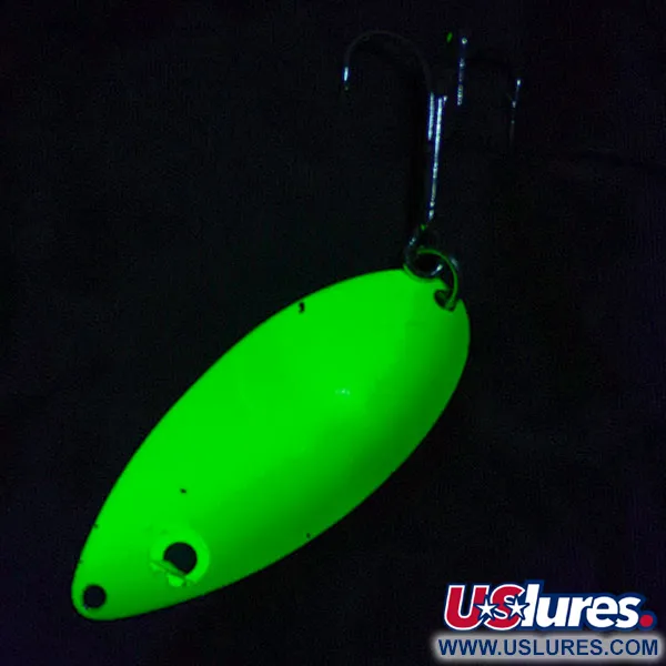 Vintage  Seneca Little Cleo (Hula Girl) UV, 3/4oz yellow/green/nickel UV fishing spoon #19555