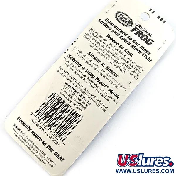 Snag Proof Original Frog, 1/4oz spin frog green fishing lure #19556