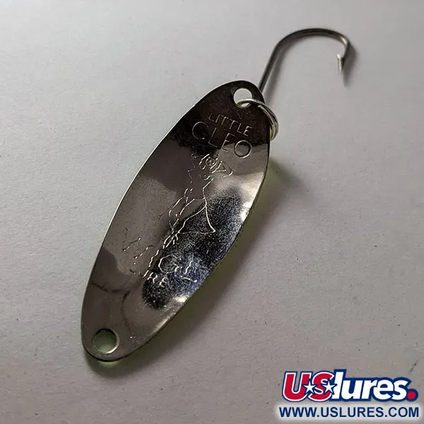 Vintage Seneca Flutter Cleo (Hula Girl), 1/8oz nickel/yellow/green UV fishing spoon #19566