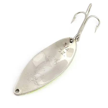 Vintage Seneca Little Cleo (Hula Girl) UV, 3/4oz nickel/chartreuse UV fishing spoon #19665