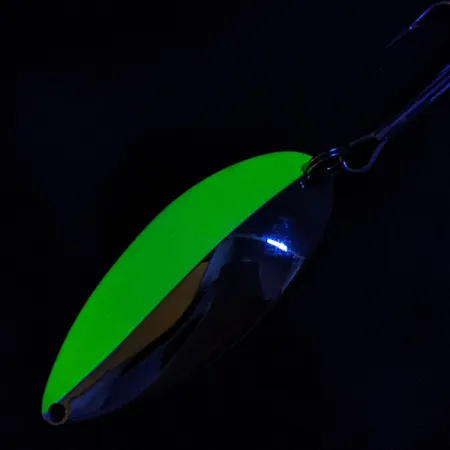 Vintage Seneca Little Cleo (Hula Girl) UV, 3/4oz nickel/chartreuse UV fishing spoon #19665