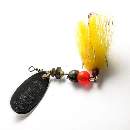 Vintage Mepps Black Fury 1 Dressed, 1/8oz black/yellow spinning lure #19710