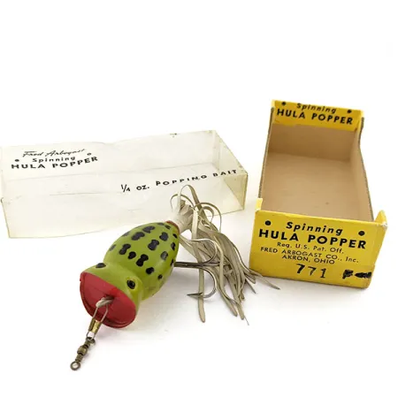 Vintage Fred Arbogast Hula Poppers Leopard Frog  (1960s), 1/4oz Leopard Frog  fishing lure #19804
