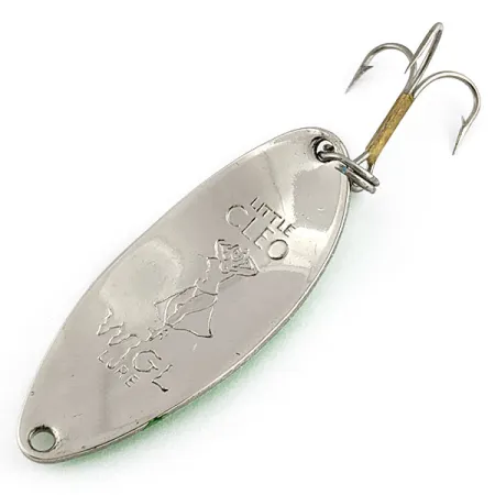 Vintage Seneca Little Cleo (Hula Girl), 1/2oz white/green/nickel Glow fishing spoon #19870