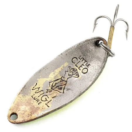 Vintage Seneca Little Cleo (Hula Girl) UV, 3/5oz nickel/yellow/green UV fishing spoon #19889