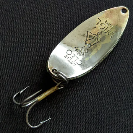 Vintage Seneca Little Cleo (Hula Girl) UV, 3/5oz nickel/yellow/green UV fishing spoon #19889
