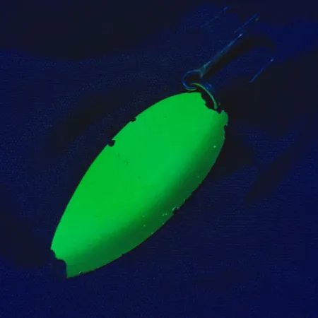 Vintage Seneca Little Cleo (Hula Girl) UV, 3/5oz nickel/yellow/green UV fishing spoon #19889