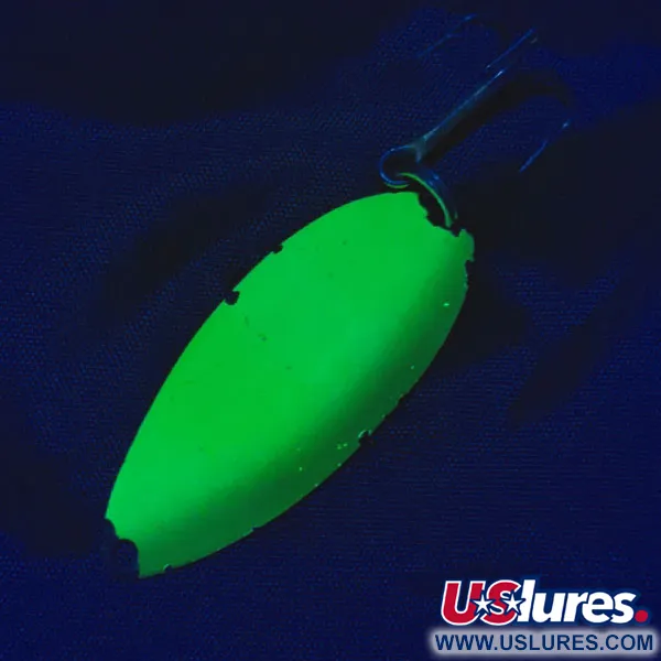 Vintage Seneca Little Cleo (Hula Girl) UV, 3/5oz nickel/yellow/green UV fishing spoon #19889