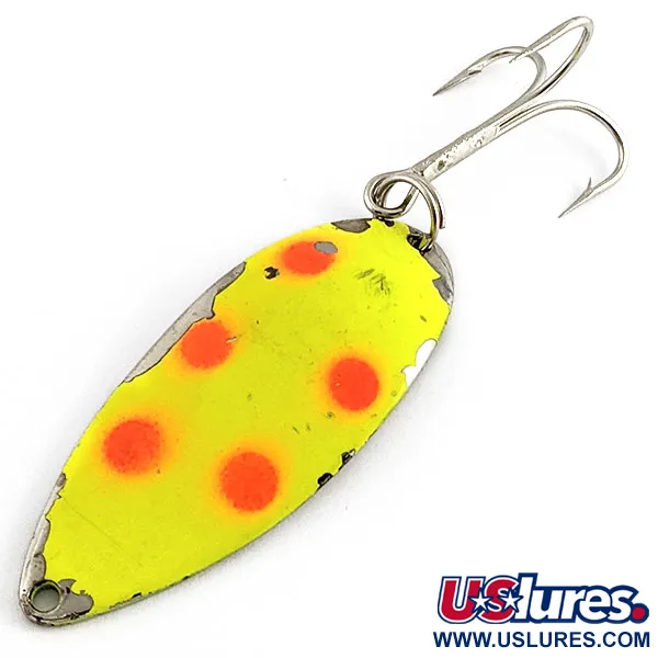 Vintage  Seneca Little Cleo (Hula Girl) UV, 3/4oz nickel/yellow/red UV fishing spoon #19927