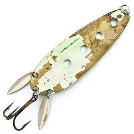 Vintage Heddon Sounder UV, 2/3oz green/brass/white UV fishing spoon #19980