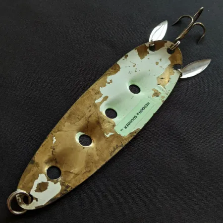 Vintage Heddon Sounder UV, 2/3oz green/brass/white UV fishing spoon #19980