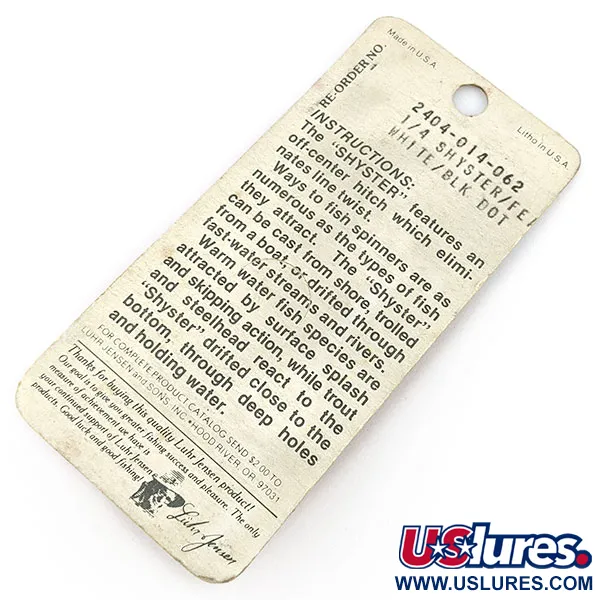 Vintage   Luhr Jensen Shyster, 1/4oz White/black dot spinning lure #20077