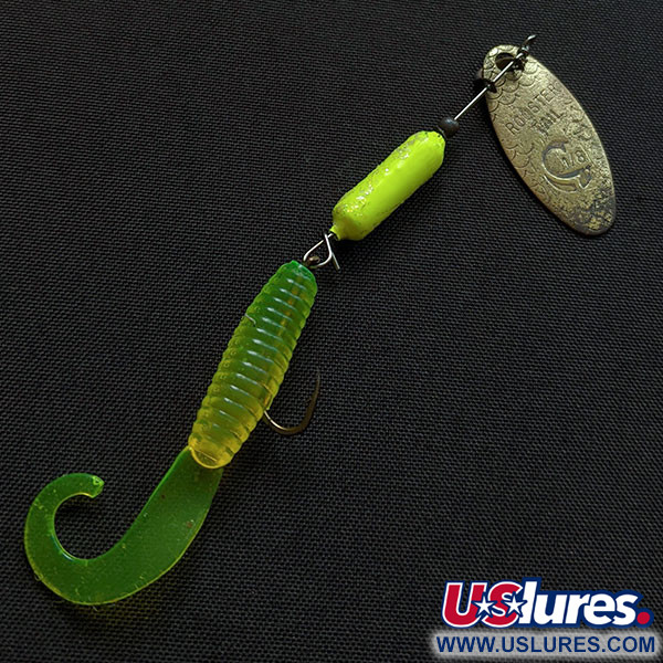 Vintage  Yakima Bait Worden’s Original Rooster Tail, 1/8oz brass/chartreuse spinning lure #20782