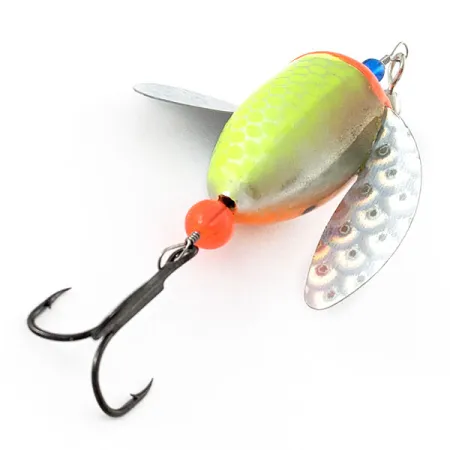 Vintage Yakima Bait Spin-N-Glo, 1/4oz Mylar Wings - Fire Tiger spinning lure #20786