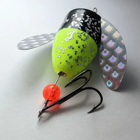 Vintage Yakima Bait Spin-N-Glo, 1/4oz Mylar Wings  - Glitter  Chartreuse Black spinning lure #20787