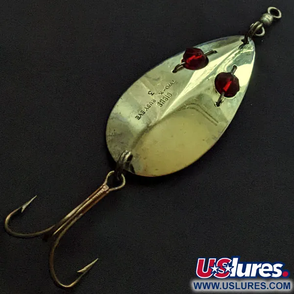 Vintage Gibbs Two -X Ruby Eye 3, 1oz gold/nickel/red eyes fishing spoon #20824