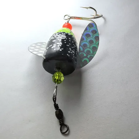 Vintage Yakima Bait Spin-N-Glo, 1/4oz Mylar Wings - Glitter Chartreuse Black spinning lure #20952