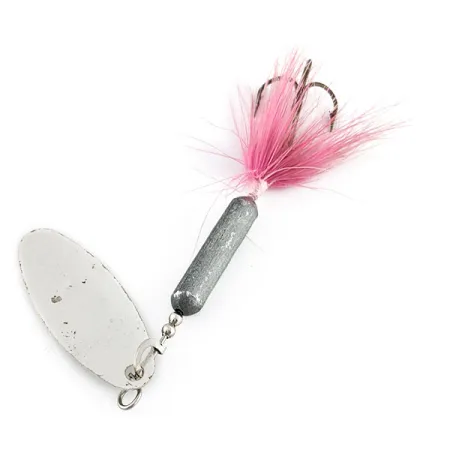 Vintage Yakima Bait Worden’s Original Rooster Tail 4, 1/4oz silver/pink spinning lure #20983