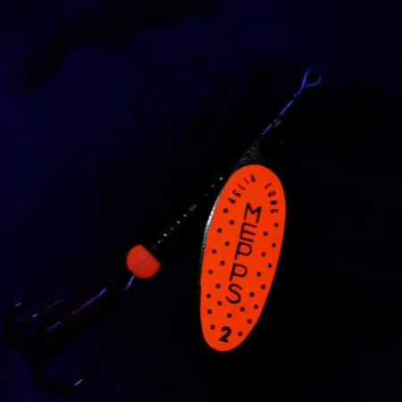 Vintage Mepps Aglia Long 2, 1/4oz gold/orange spinning lure #20988