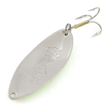 Vintage Seneca Little Cleo (Hula Girl) UV, 1/2oz nickel/green UV fishing spoon #21019