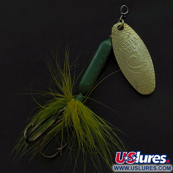 Vintage  Yakima Bait Worden’s Original Rooster Tail, 1/4oz gold/green spinning lure #21098