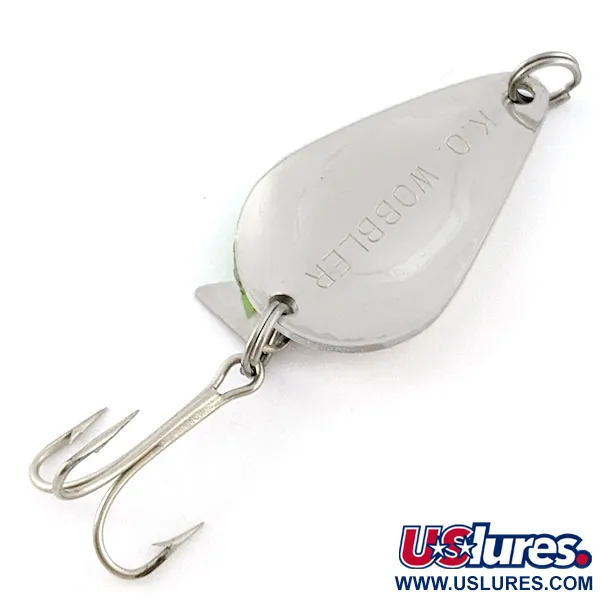 Vintage Acme K.O. Wobbler, 1/2oz nickel/white/green UV fishing spoon #21108