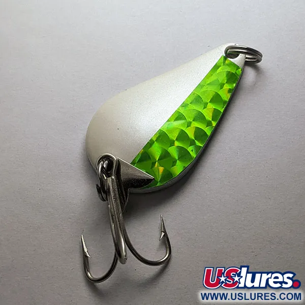 Vintage Acme K.O. Wobbler, 1/2oz nickel/white/green UV fishing spoon #21108