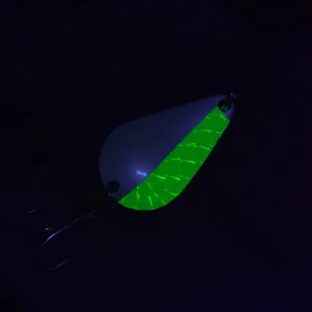 Vintage Acme K.O. Wobbler, 1/2oz nickel/white/green UV fishing spoon #21108