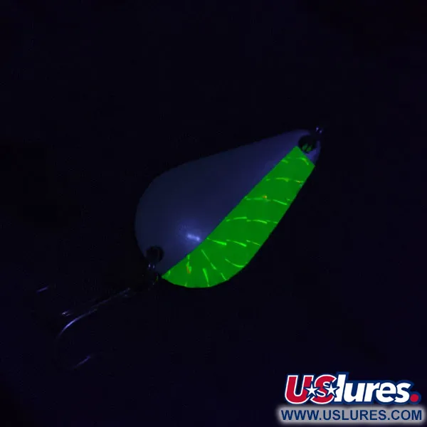 Vintage Acme K.O. Wobbler, 1/2oz nickel/white/green UV fishing spoon #21108