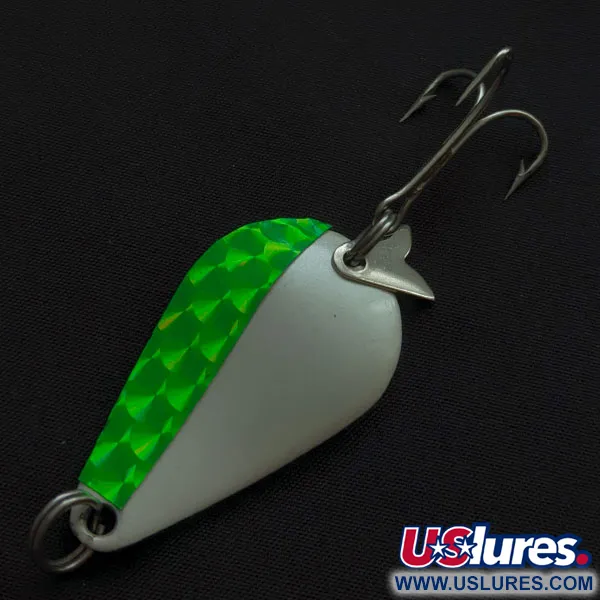 Vintage Acme K.O. Wobbler, 1/2oz nickel/white/green UV fishing spoon #21108