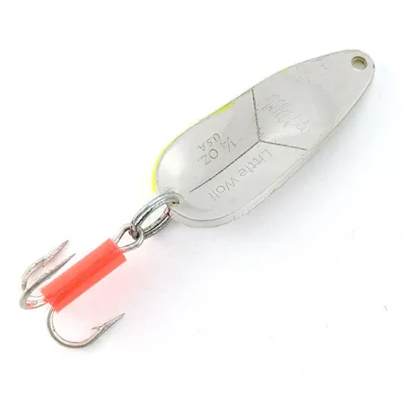 Vintage Mepps Little Wolf, 1/4oz silver/chartreuse UV fishing spoon #21240
