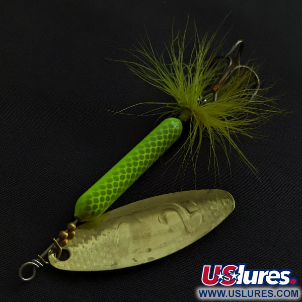 Vintage  Yakima Bait Worden’s Original Rooster Tail, 1/2oz gold/green UV spinning lure #21332