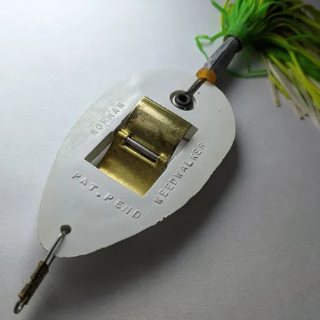 Vintage Norman Weedwalker, 2/3oz white/yellow/green fishing spoon #21458