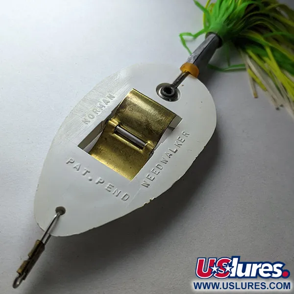 Vintage Norman Weedwalker, 2/3oz white/yellow/green fishing spoon #21458