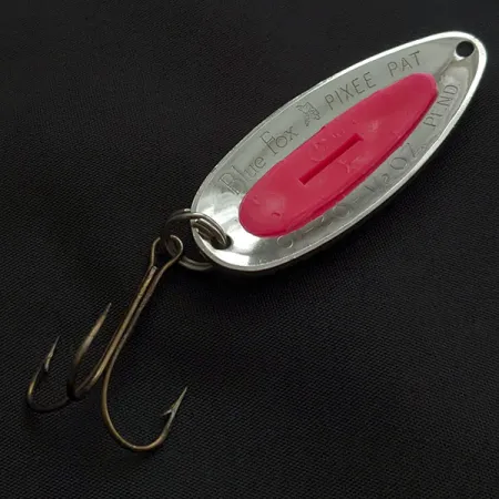 Vintage Blue Fox Pixee, 1/2oz nickel/pink fishing spoon #21652