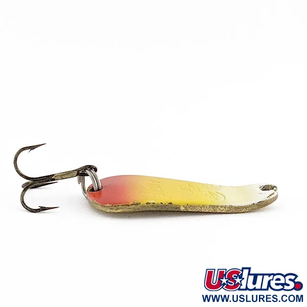Vintage Luhr Jensen Maisie, 1/4oz white/yellow/red/brass fishing spoon #22106