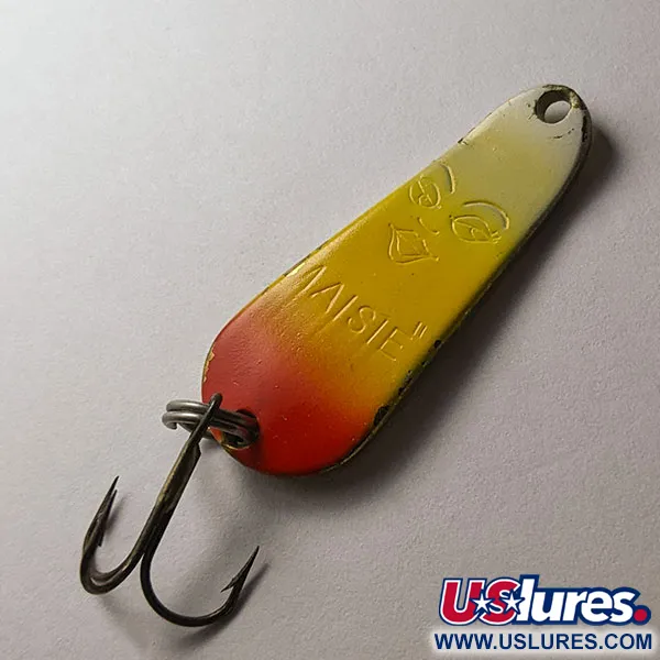 Vintage Luhr Jensen Maisie, 1/4oz white/yellow/red/brass fishing spoon #22106