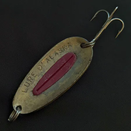 Vintage Lure O Alaska, 3/4oz brass/raspberry fishing spoon #22189