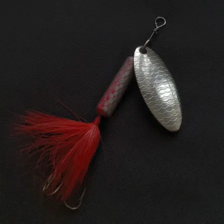 Vintage Blue Fox Whip Tail, 1/3oz nickel/red spinning lure #22276