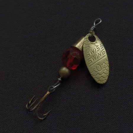 Vintage Renosky Lures Swiss Swing 0, 3/32oz brass/red spinning lure #22294