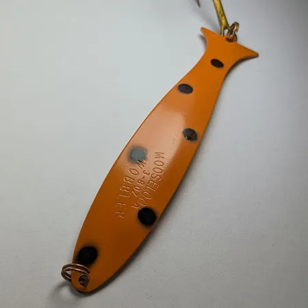 Vintage Williams Mooselook wobbler, 2/5oz orange/black fishing spoon #22317