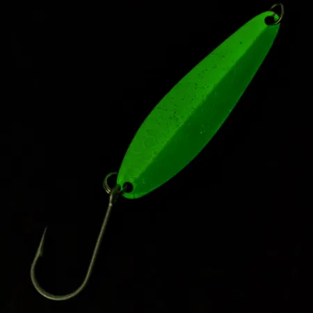 Vintage  Luhr Jensen Coyote spoon Glow, 1/4oz nickel/green/white Glow - glows in the dark fishing spoon #22552