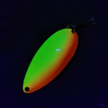 Vintage Seneca Little Cleo (Hula Girl) UV, 1/2oz nickel/yellow/orange fishing spoon #22848