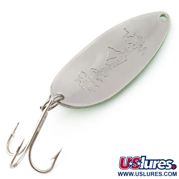 Vintage  Seneca Little Cleo (Hula Girl) UV, 1/2oz nickel/yellow/green fishing spoon #22862