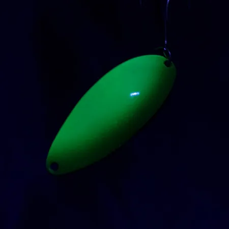 Vintage Seneca Little Cleo (Hula Girl) UV, 1/2oz nickel/yellow/green fishing spoon #22862