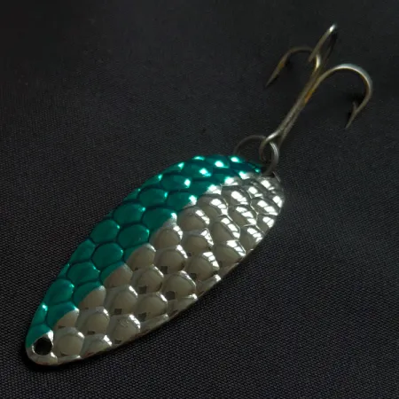Vintage Acme Little Cleo bubbles, 2/5oz nickel/green fishing spoon #22888