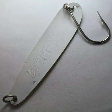 Vintage Luhr Jensen Westport Wobbler, 1/2oz yellow/green/white UV fishing spoon #23257