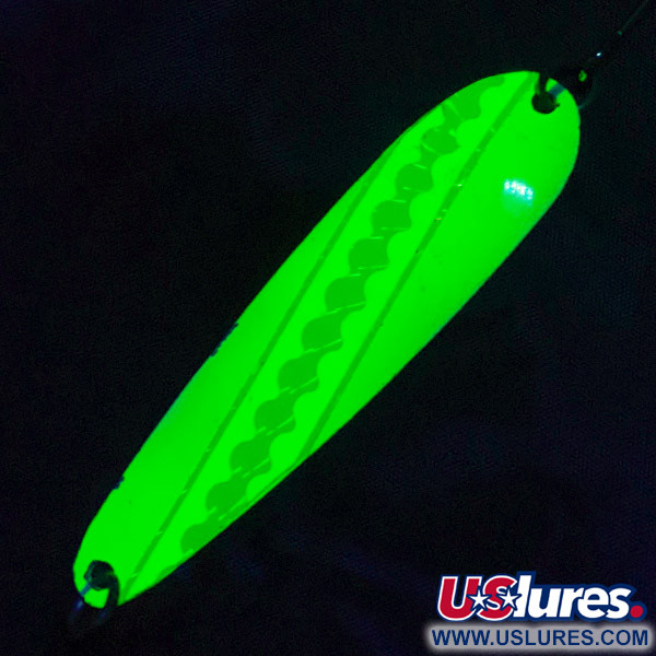 Vintage   Luhr Jensen Westport Wobbler, 1/2oz yellow/green/white UV fishing spoon #23257